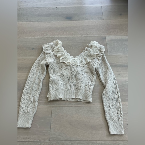 ZARA CROCHET lace RUFFLEd SWEATER sz M medium cream - Picture 9 of 9